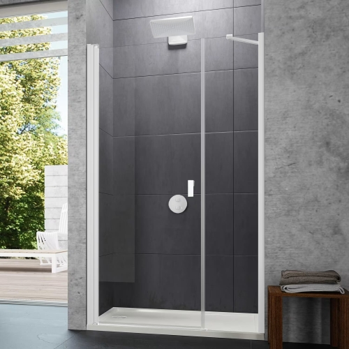 HUPPE Design Pure 4-kąt White Edition, drzwi skrzydłowe z częścią boczną do wnęki 120cm(118,5-121,5cm), profil biały, szkło bezbarwne AP 8P7204.182.322