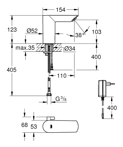 GROHE Bau Cosmopolitan E Elektroniczna bateria na podczerwień z mieszaczem i ogranicznikiem temperatury, chrom 36453000