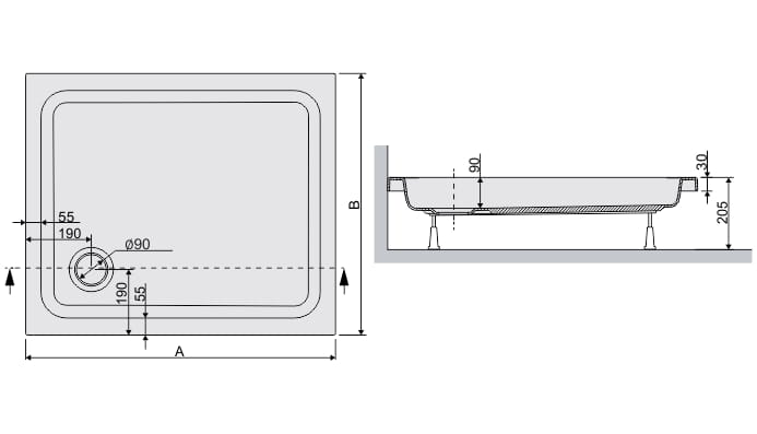 Sanplast Free Line brodzik prostokątny 120x80cm rysunek wymiarowy. Wymiary: A 1200 mm,  B 800 mm.