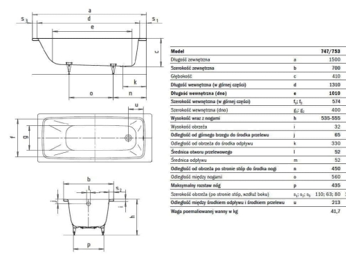 Kaldewei Cayono wanna prostokątna 150x70 cm model 747 2747.0001.0001 rysunek wymiarowy