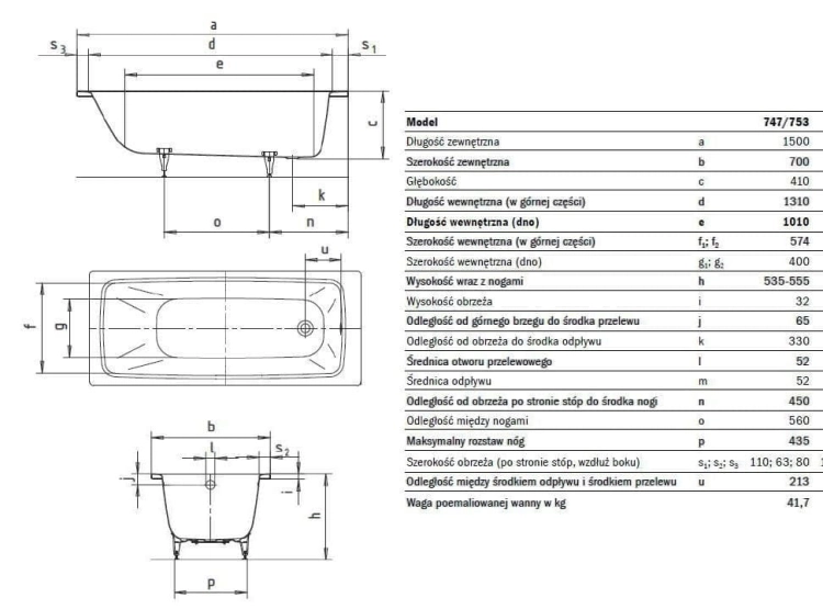 Kaldewei Cayono wanna prostokątna 150x70 cm model 747 2747.0001.0001 rysunek wymiarowy