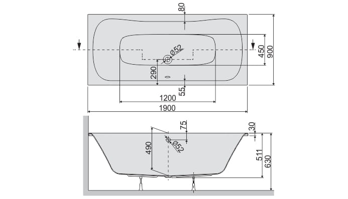 SANPLAST Luxo wanna prostokątna 190x90cm, WP/LUXO 90x190+STW, biały połysk 610-370-0180-01-000 rysunek wymiarowy