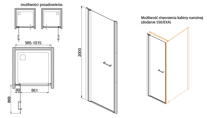 Sanplast Exa Line drzwi prysznicowe skrzydłowe, 100 cm( 98,5-101,5cm), profile czarny mat, szkło bezbarwne 600-540-0760-59-401