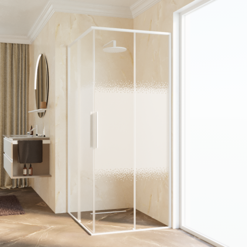 Novellini Riga A kabina kwadratowa 90x90cm, drzwi przesuwne, profile biały mat, szkło wzór Rose 1 RIGA87LD-87LS-56U