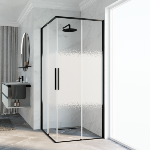 Novellini Riga A kabina kwadratowa 90x90cm, drzwi przesuwne, profile czarny mat, szkło wzór Rose 1 RIGA87LD-87LS-56H