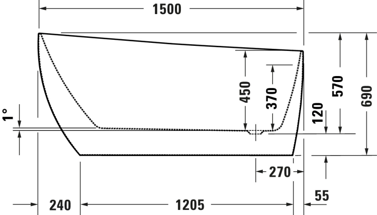 Duravit DuraFaro wanna wolnostojąca 150x70cm, biała 700566000000000 - rysunek wymiarowy