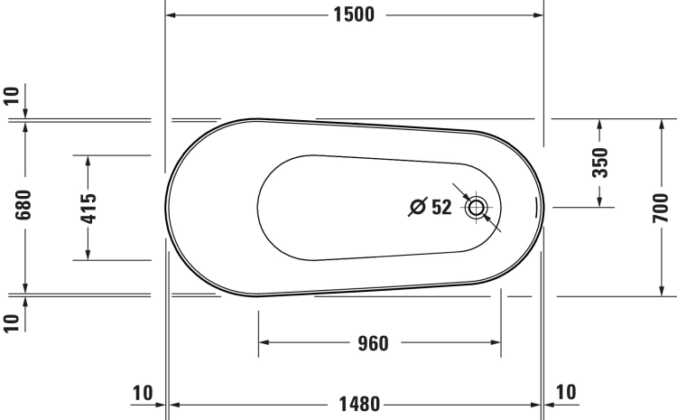 Duravit DuraFaro wanna wolnostojąca 150x70cm, biała 700566000000000 - rysunek wymiarowy