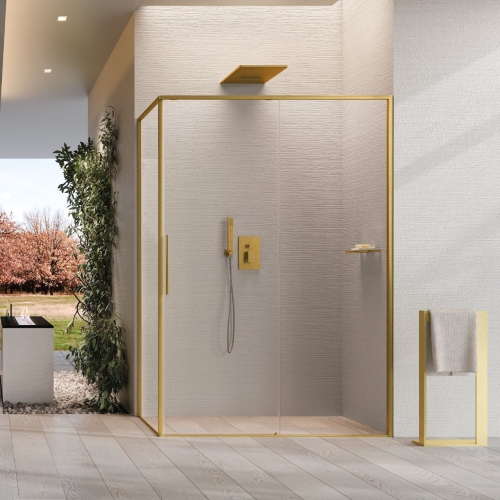 Novellini Riga 2P+F kabina prostokątna 90x120cm, prawa, drzwi przesuwne, profile złoty szczotkowany, szkło bezbarwne RIG2PF117D-F2P87S‐1P