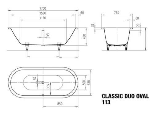 Kaldewei Classic Duo Oval wanna owalna 170x75cm, model 113, 2914.0001.0001- rysunek techniczny