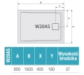 Wymiary brodzika Ronal Livada 80x160 mm – biały brodzik prostokątny