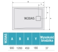 Wymiary brodzika Ronal Livada 90×120 cm – biały model prostokątny