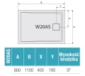 Wymiary brodzika Ronal Livada 90×110 cm – biały model prostokątny