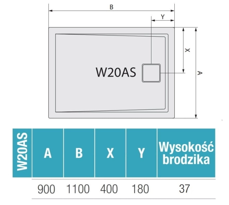 Wymiary brodzika Ronal Livada 90×110 cm – biały model prostokątny