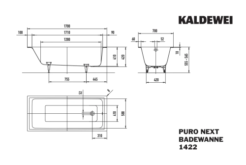 Wanna stalowa emaliowana Kaldewei 3,5 mm rysuenk wymiarowy
