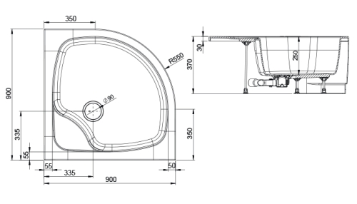 Sanplast Fris brodzik półokrągły BPzs/FRIS 90x90x25+STB, promień 550, 615-330-0630-01-000