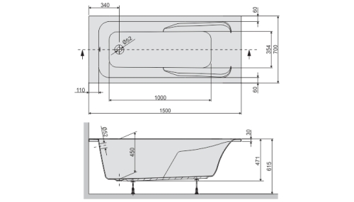 Wanna akrylowa Sanplast 150x70 Modesta do zabudowy rysunek wymiarowy