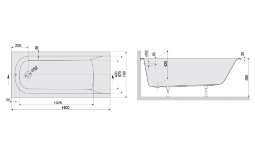 Sanplast Gessa wanna prostokątna 140x70 cm biała rysunek wymiarowy