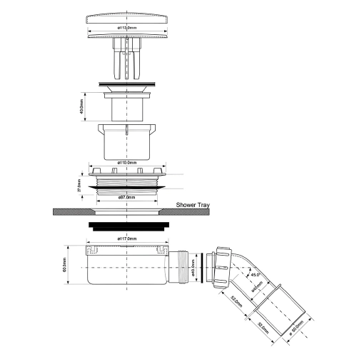 Schemat techniczny syfonu brodzikowego McAlpine HC2730LMBN-PB