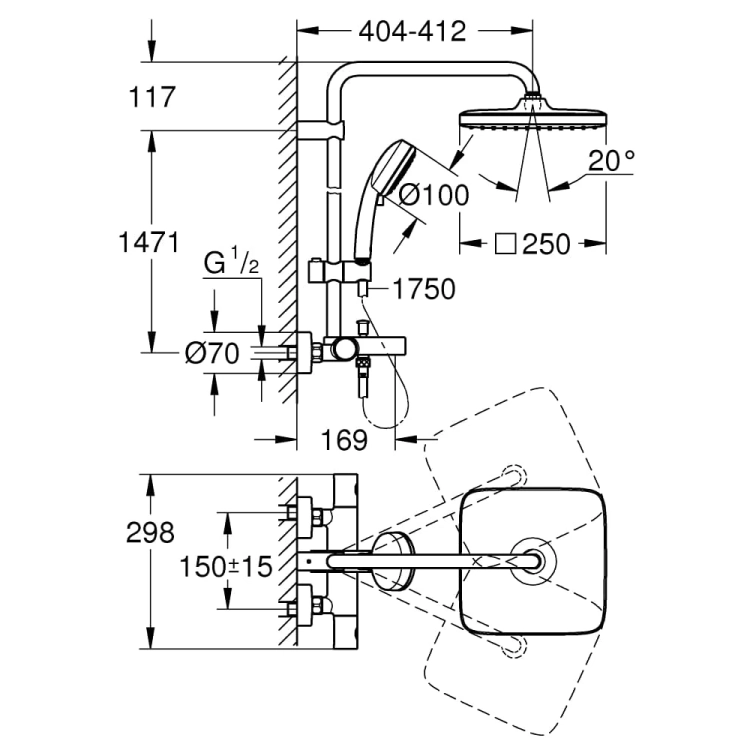 Rysunek techniczny i wymiary systemu GROHE Tempesta Cosmopolitan 26691000