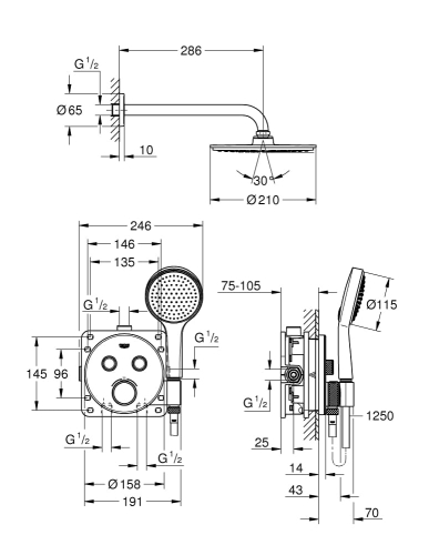 Grohe Grohtherm SmartControl komplet prysznicowy podtynkowy z termostatem i deszczownicą 210mm, ramię 286mm, 34743000