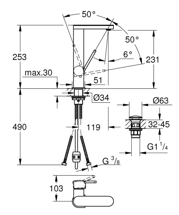 Grohe Plus L-size bateria umywalkowa z wyciąganą wylewką, z korkiem z push-open 23844003