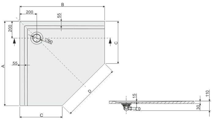 Sanplast Space Mineral brodzik pięciokątny BPK-M/SPACE 90x90x1,5 645-290-0830-01-000
