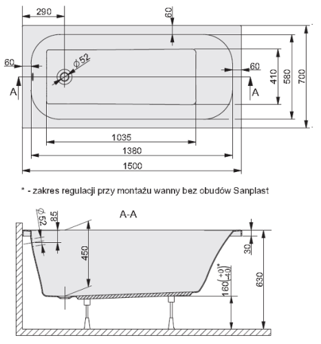 Sanplast Free Line wanna prostokątna WP/FREE 70x150+ST25 610-040-0040-01-000 