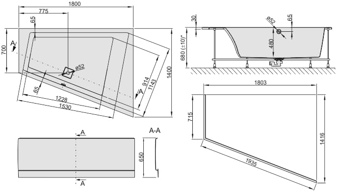 Sanplast Space Line wanna narożna asymetryczna prawa WTP-kpl/SPACE 140x180+SP 610-100-1370-01-000