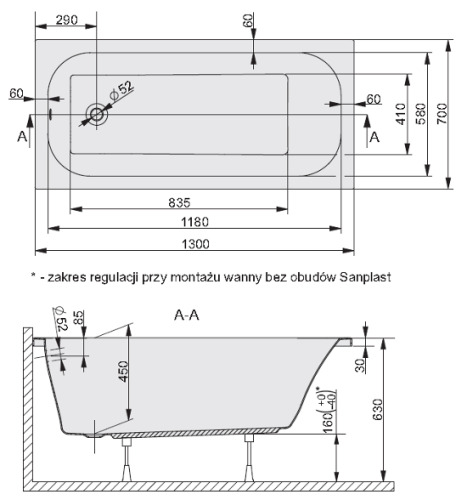 Sanplast Free Line wanna prostokątna WP/FREE 70x130+ST25 610-040-0020-01-000 