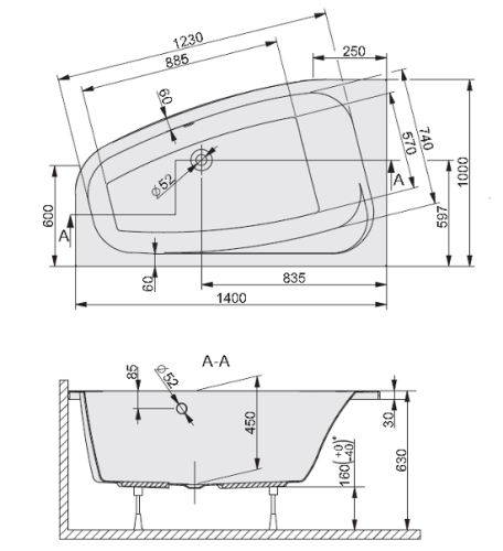 Sanplast Free Line wanna asymetryczna lewa WAL/FREE 100x140+ST27 610-040-0840-01-000