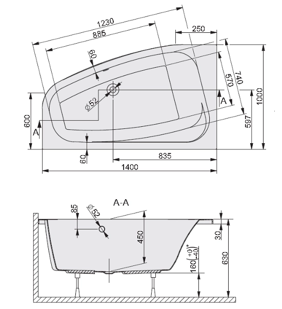 Sanplast Free Line wanna asymetryczna prawa WAP/FREE 100x140+ST27 610-040-0850-01-000