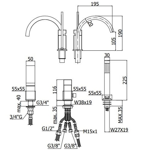 Paffoni Level LEC040 rysunek techniczny