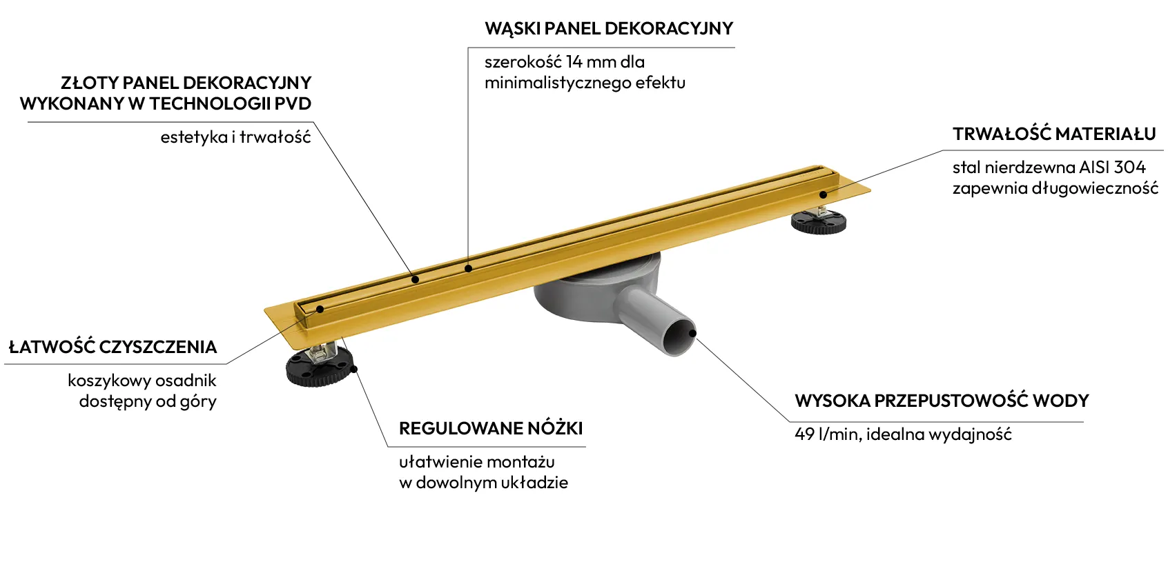 Balneo Slim&Low ProLine Gold odpływ liniowy 80 cm, złoty szczotkowany A0401030201-3